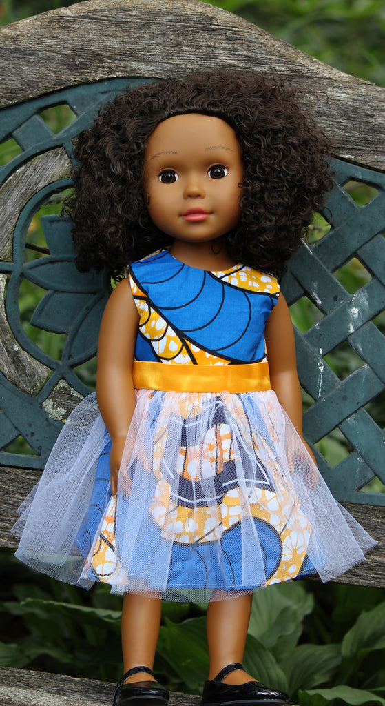 natural hair doll in blue dress