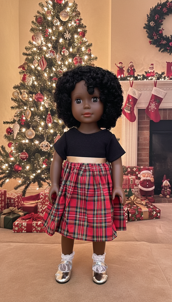 Doll wearing a black t-shirt and red plaid skirt standing outdoors.